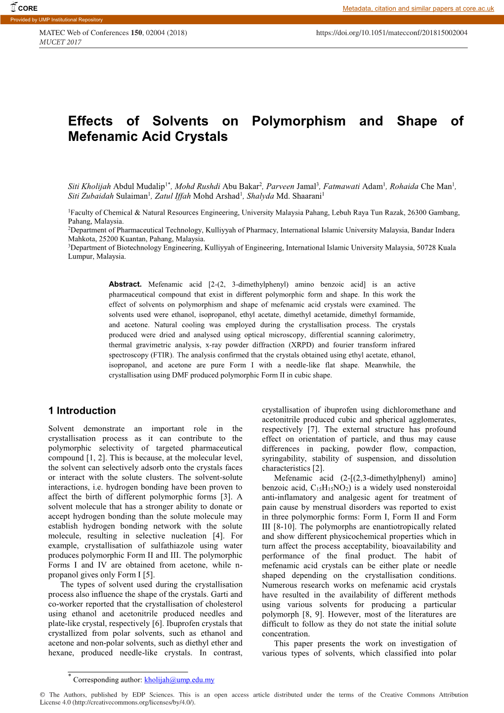 Effects of Solvents on Polymorphism and Shape of Mefenamic Acid Crystals