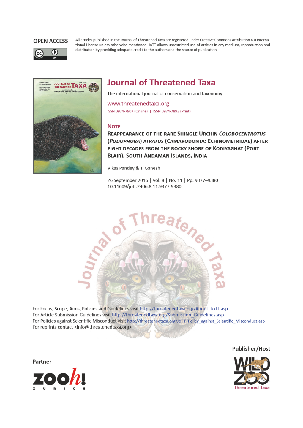 Atratus (Camarodonta: Echinometridae) After Eight Decades from the Rocky Shore of Kodiyaghat (Port Blair), South Andaman Islands, India