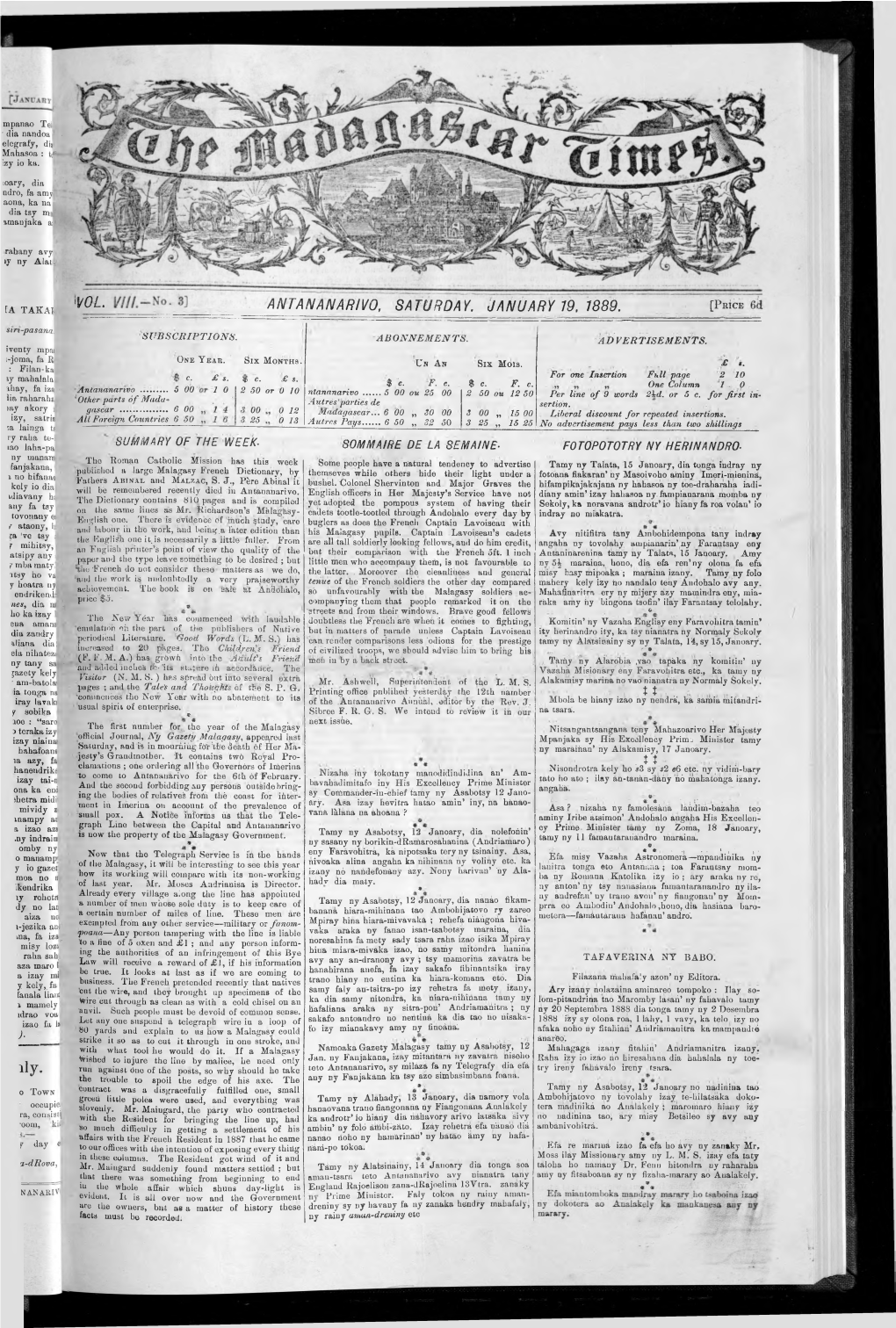 'Vol Antananarivo, Saturoay. January 19. 1889