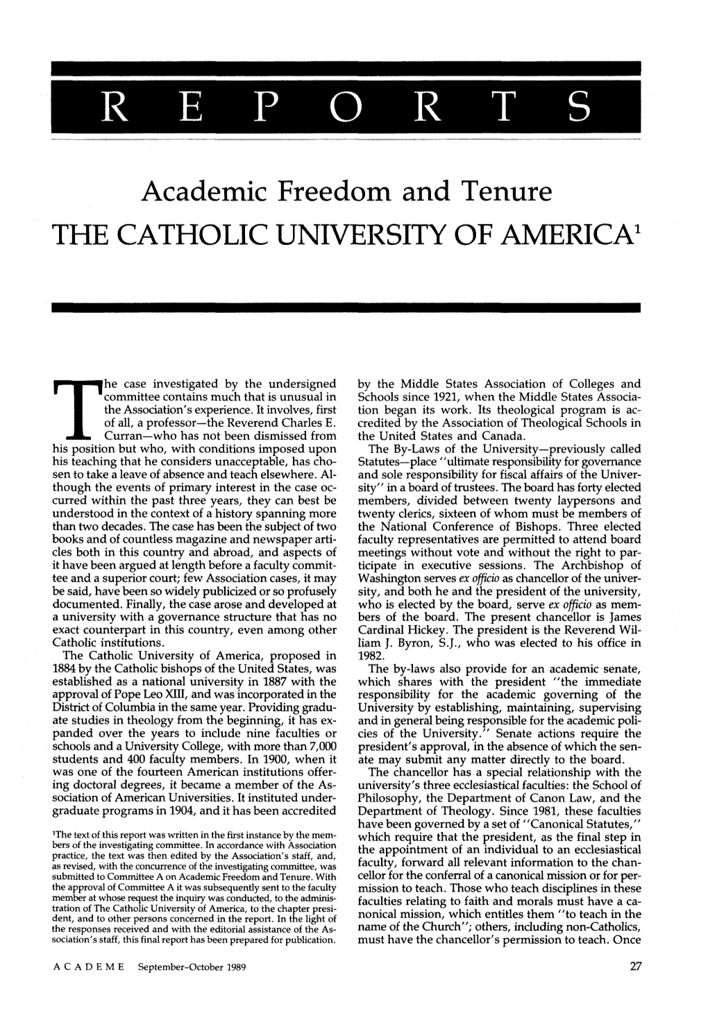 Academic Freedom and Tenure: the Catholic University of America