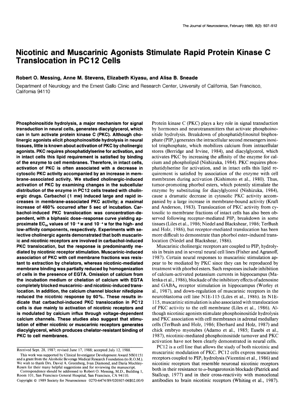 Nicotinic and Muscarinic Agonists Stimulate Rapid Protein Kinase C Translocation in PC1 2 Cells