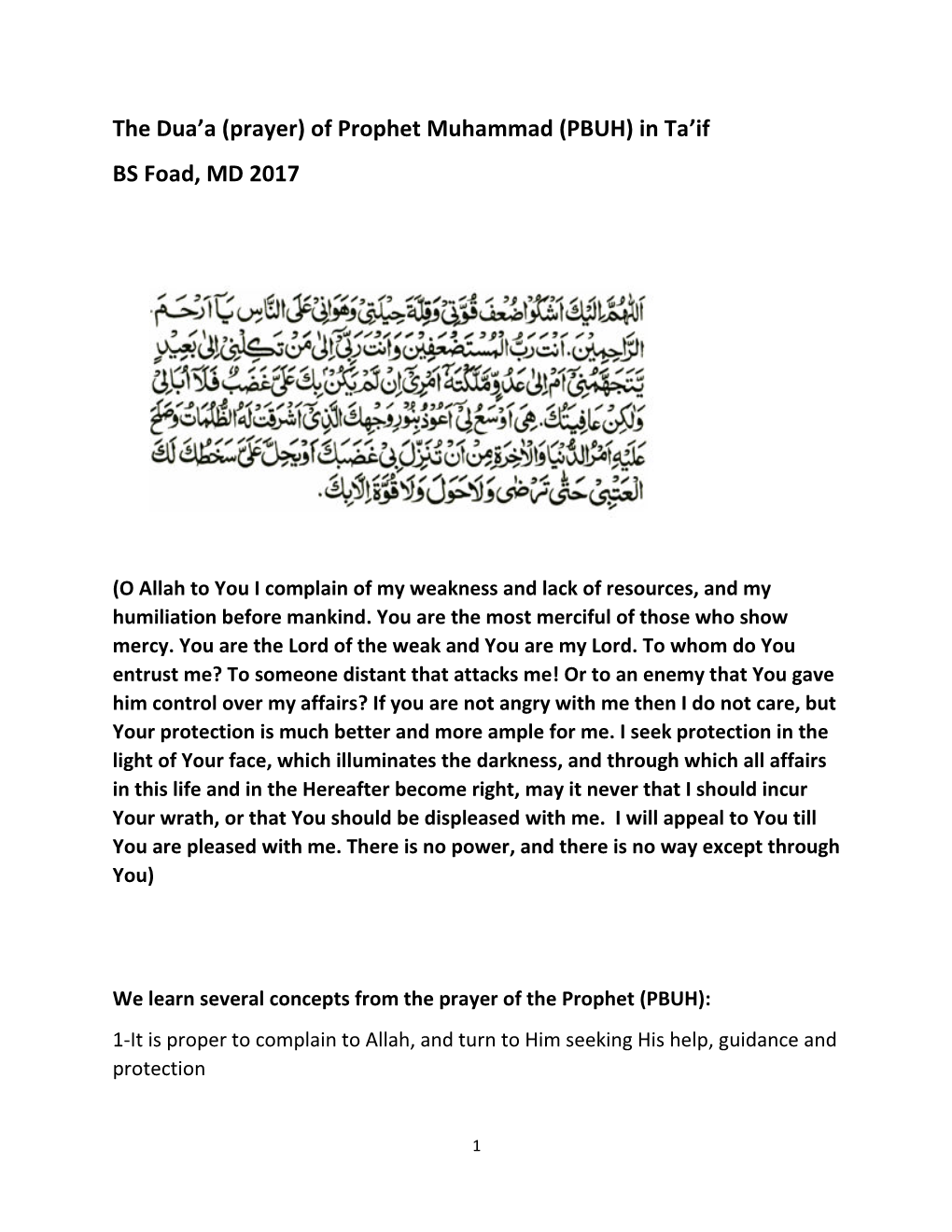 (Prayer) of Prophet Muhammad (PBUH) in Ta'if BS Foad, MD 2017