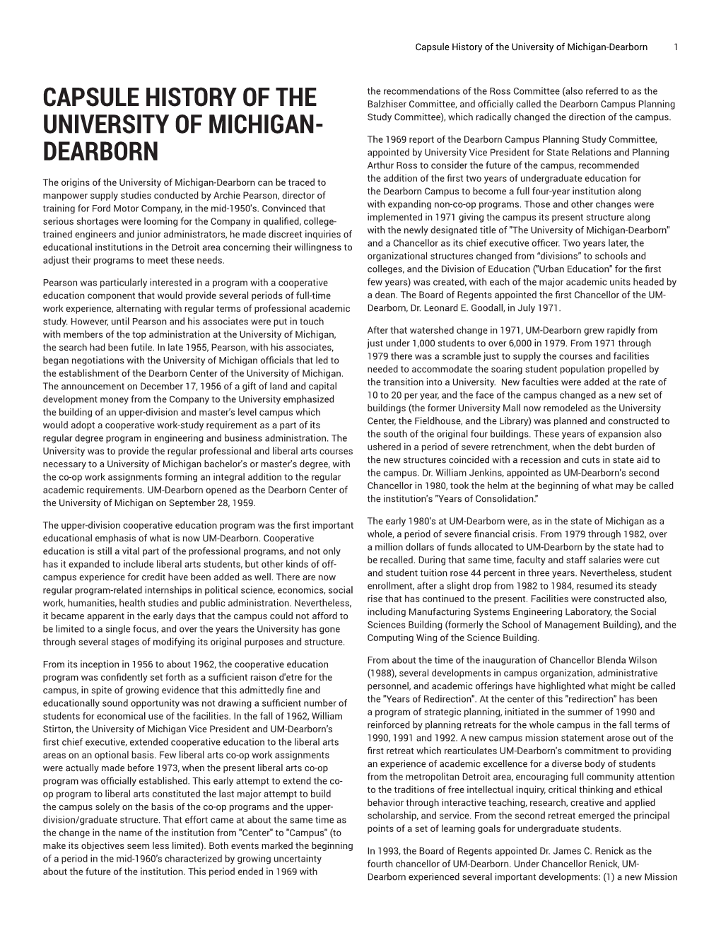 Capsule History of the University of Michigan-Dearborn 1