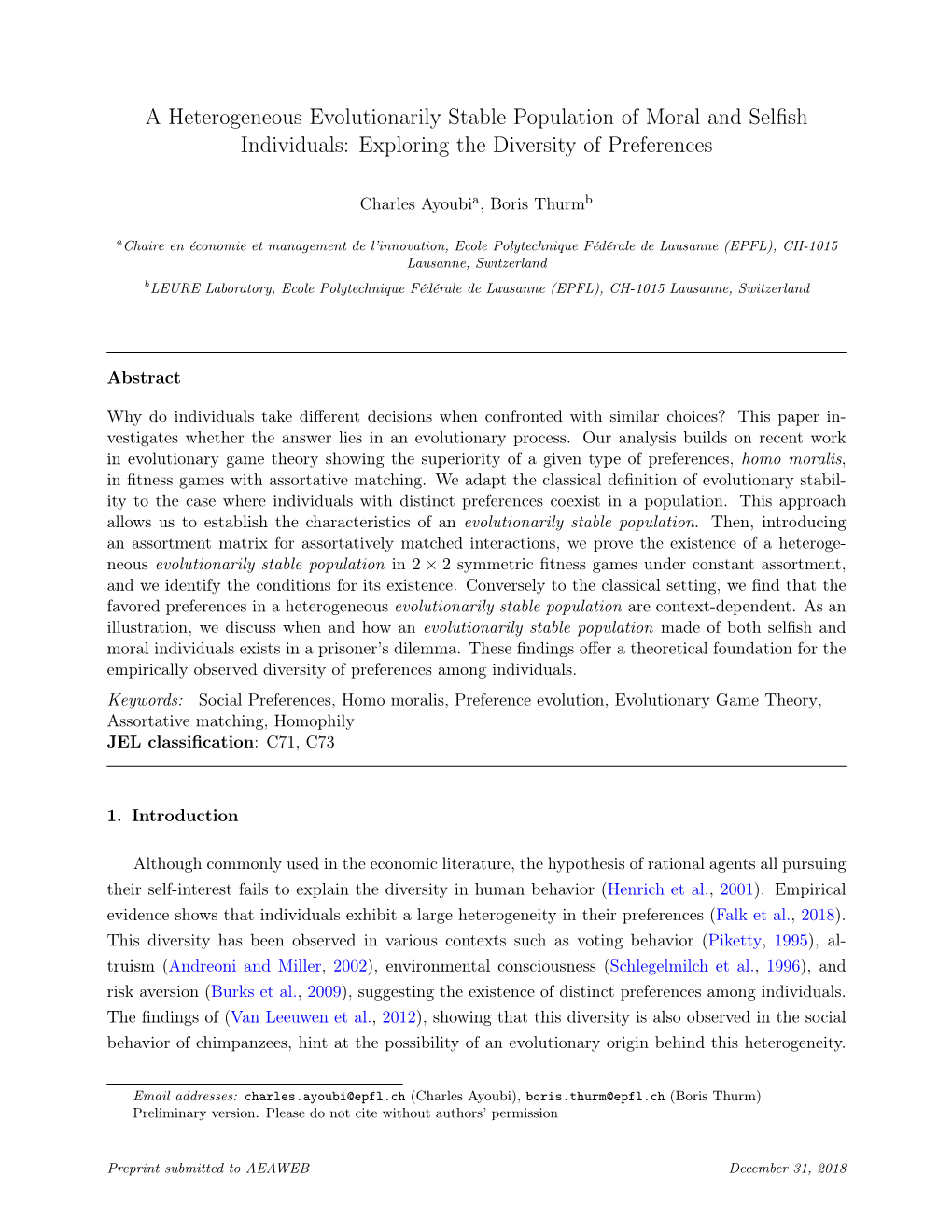 A Heterogeneous Evolutionarily Stable Population of Moral and Selﬁsh Individuals: Exploring the Diversity of Preferences