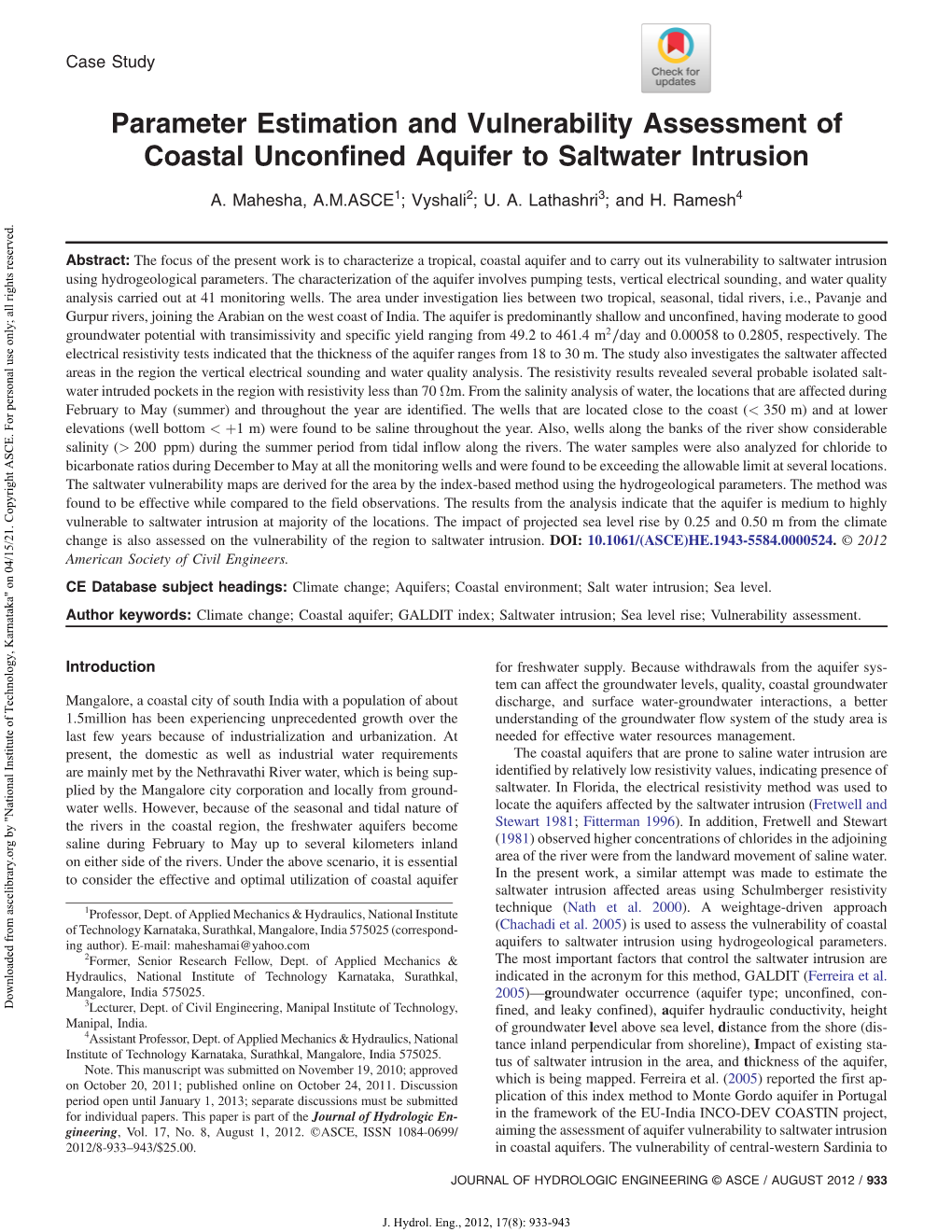 Parameter Estimation and Vulnerability Assessment of Coastal Unconfined Aquifer to Saltwater Intrusion