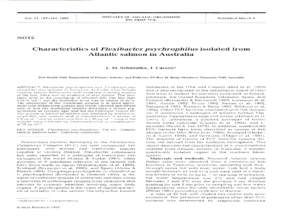 Characteristics of Flexibacter Psychrophilus Isolated from Atlantic Salmon in Australia