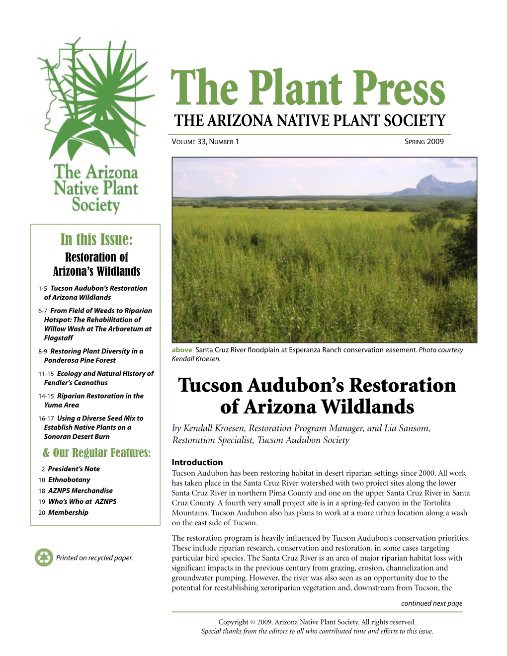 The Plant Press the ARIZONA NATIVE PLANT SOCIETY