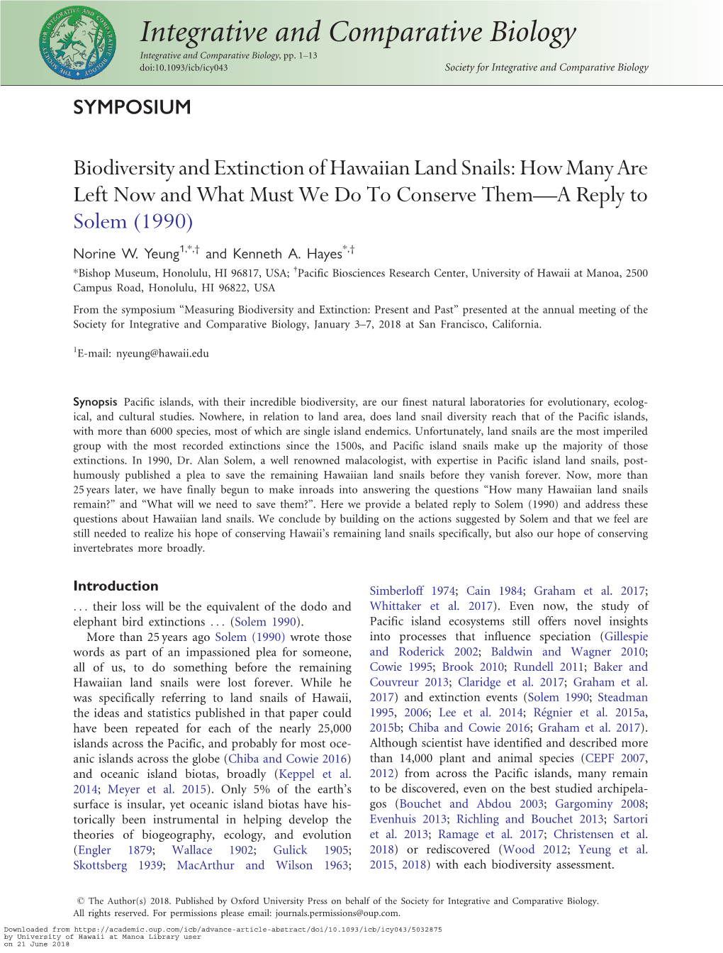 Biodiversity and Extinction of Hawaiian Land Snails: How Many Are Left Now and What Must We Do to Conserve Them—A Reply to Solem (1990) Norine W