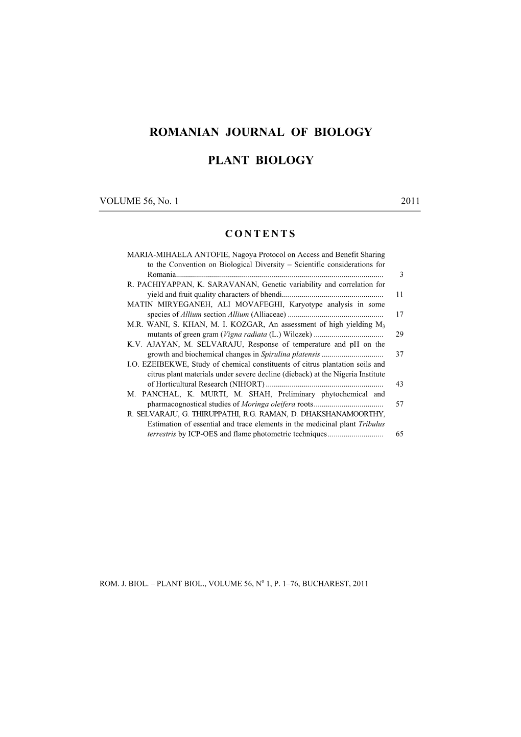 Romanian Journal of Biology Plant Biology