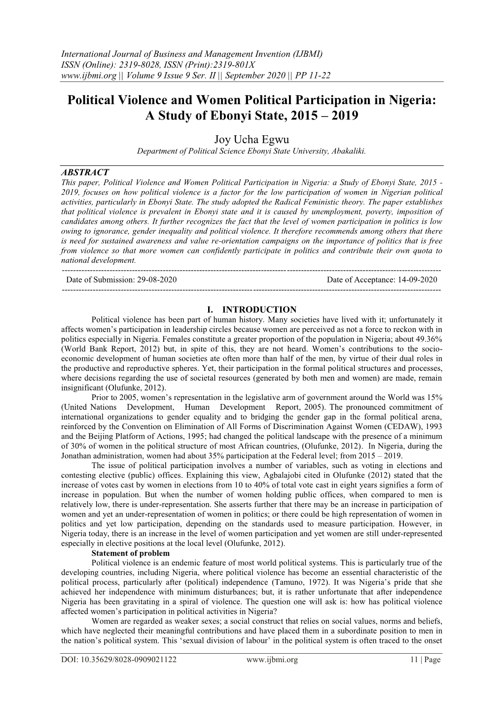 Political Violence and Women Political Participation in Nigeria: a Study of Ebonyi State, 2015 – 2019