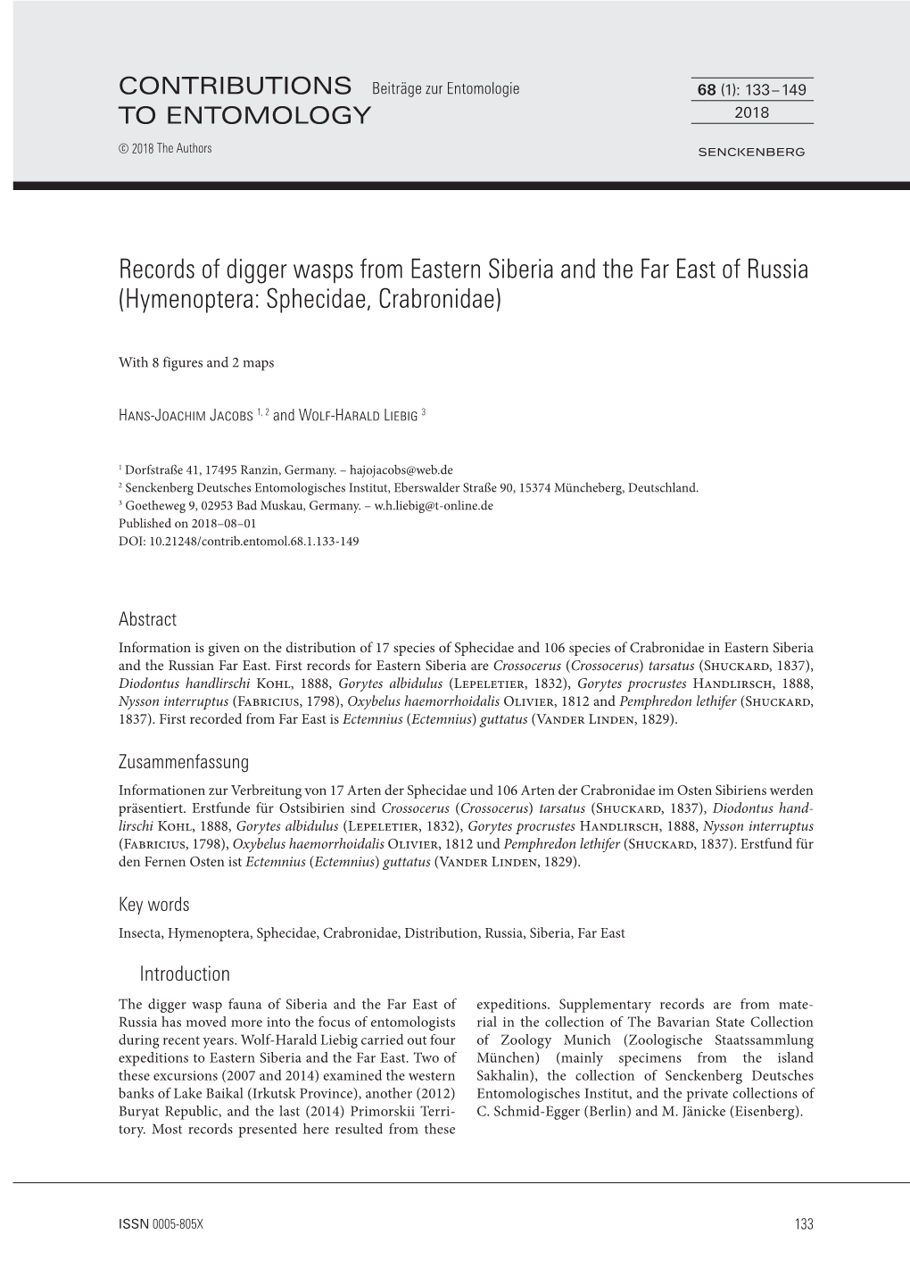 Records of Digger Wasps from Eastern Siberia and the Far East of Russia (Hymenoptera: Sphecidae, Crabronidae)