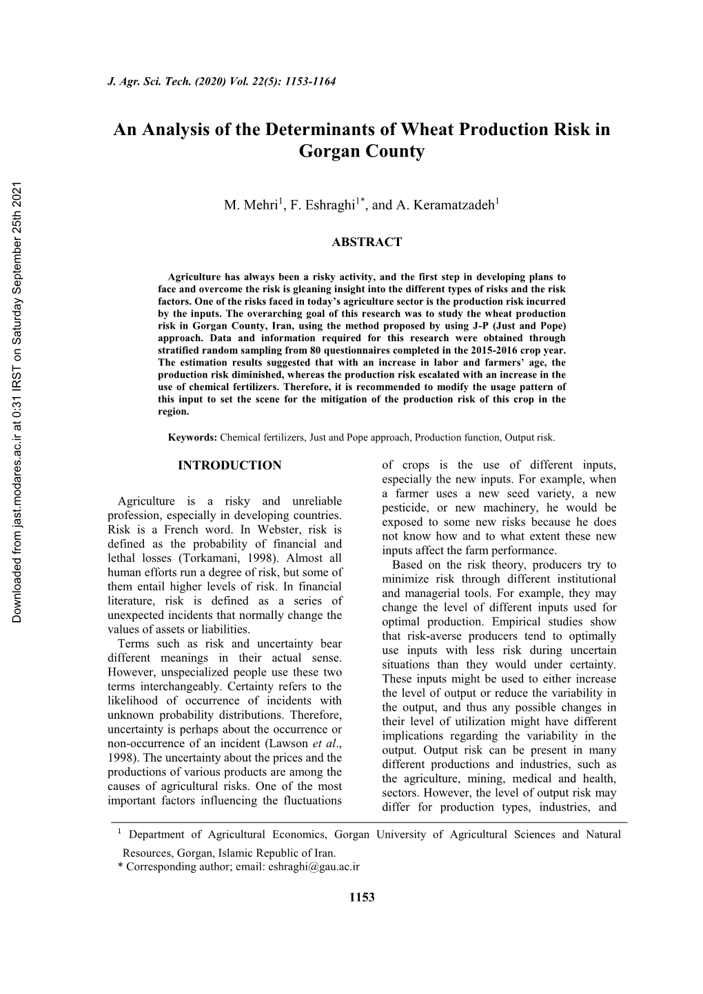 An Analysis of the Determinants of Wheat Production Risk in Gorgan County