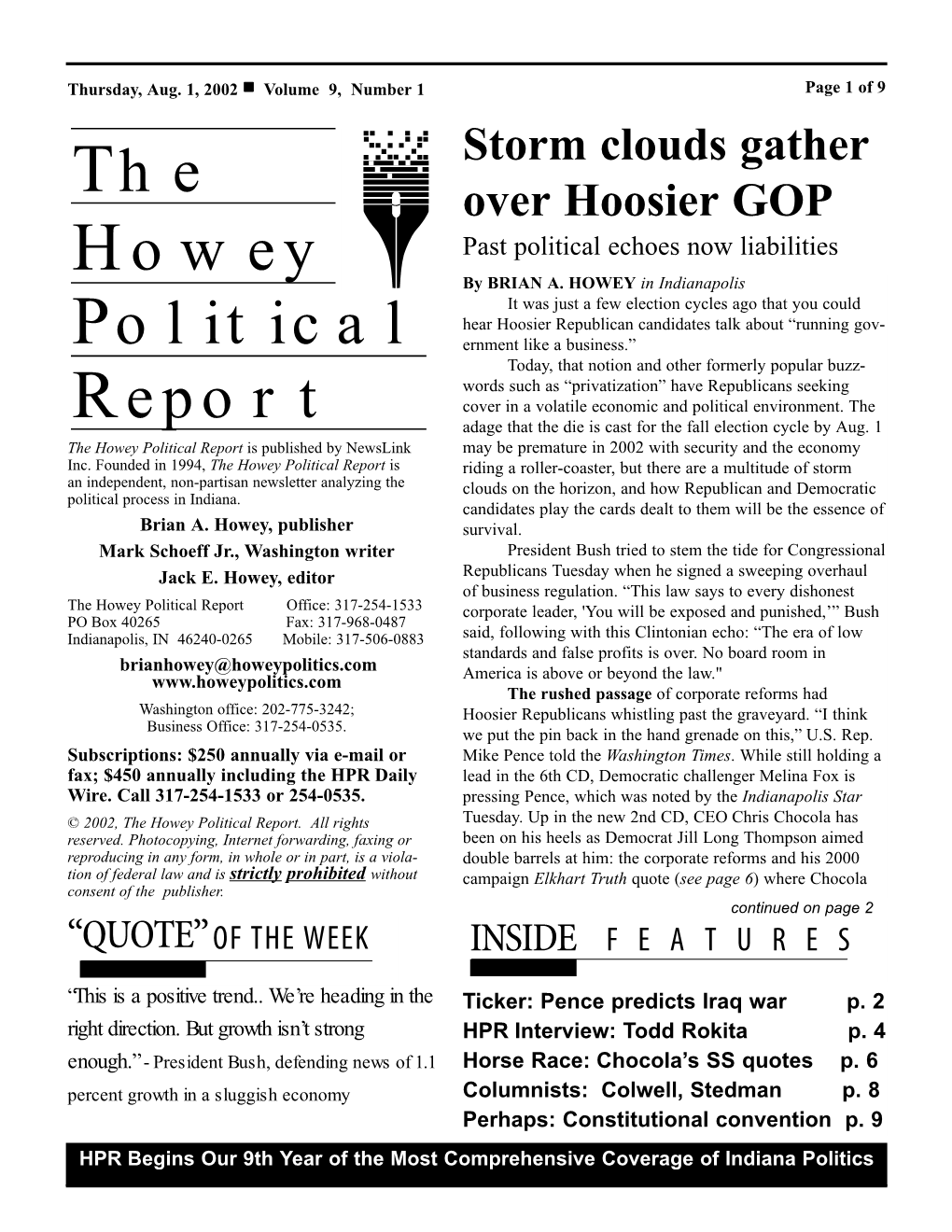 The Howey Political Report Is Published by Newslink May Be Premature in 2002 with Security and the Economy Inc