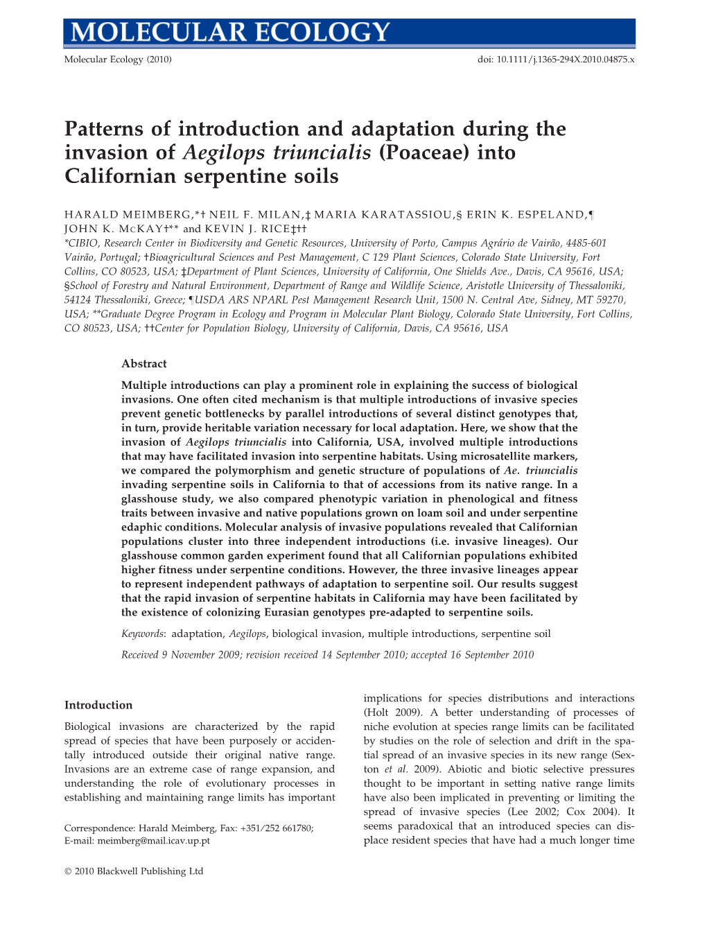 Patterns of Introduction and Adaptation During the Invasion of Aegilops Triuncialis (Poaceae) Into Californian Serpentine Soils