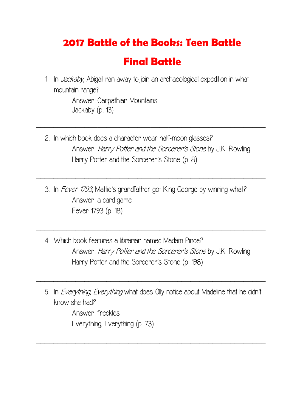 2017 Battle of the Books: Teen Battle Final Battle