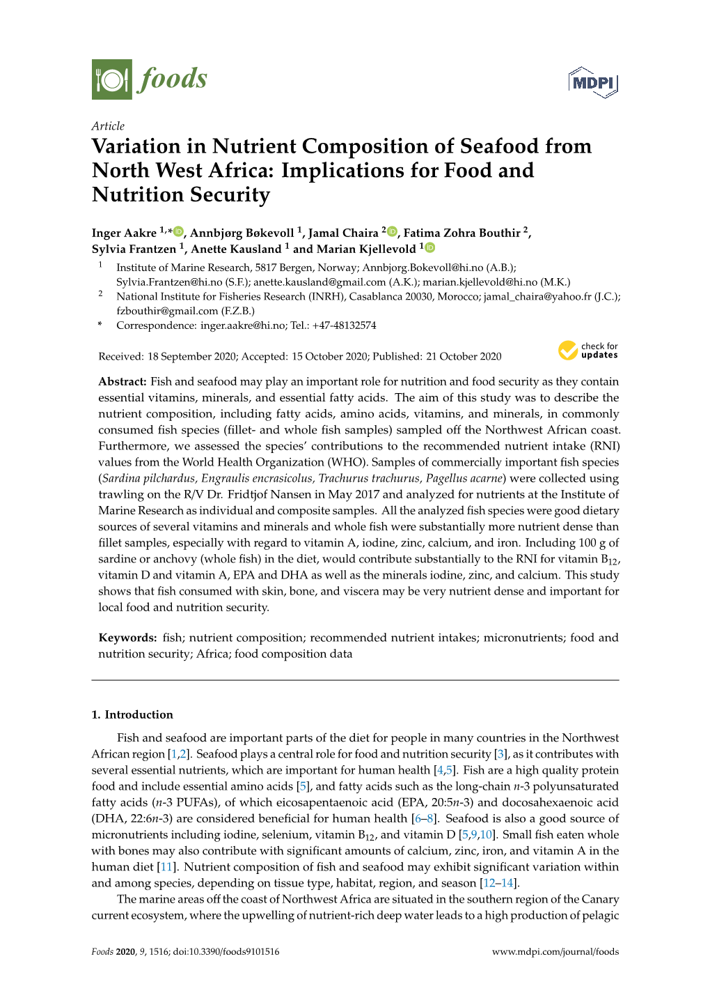 Variation in Nutrient Composition of Seafood from North West Africa: Implications for Food and Nutrition Security