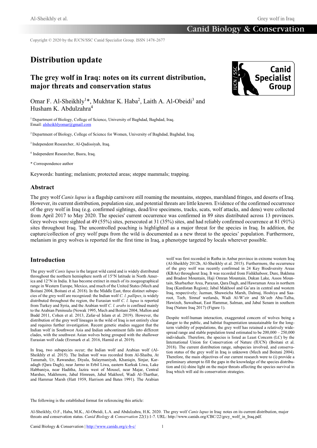 The Grey Wolf in Iraq: Notes on Its Current Distribution, Major Threats and Conservation Status