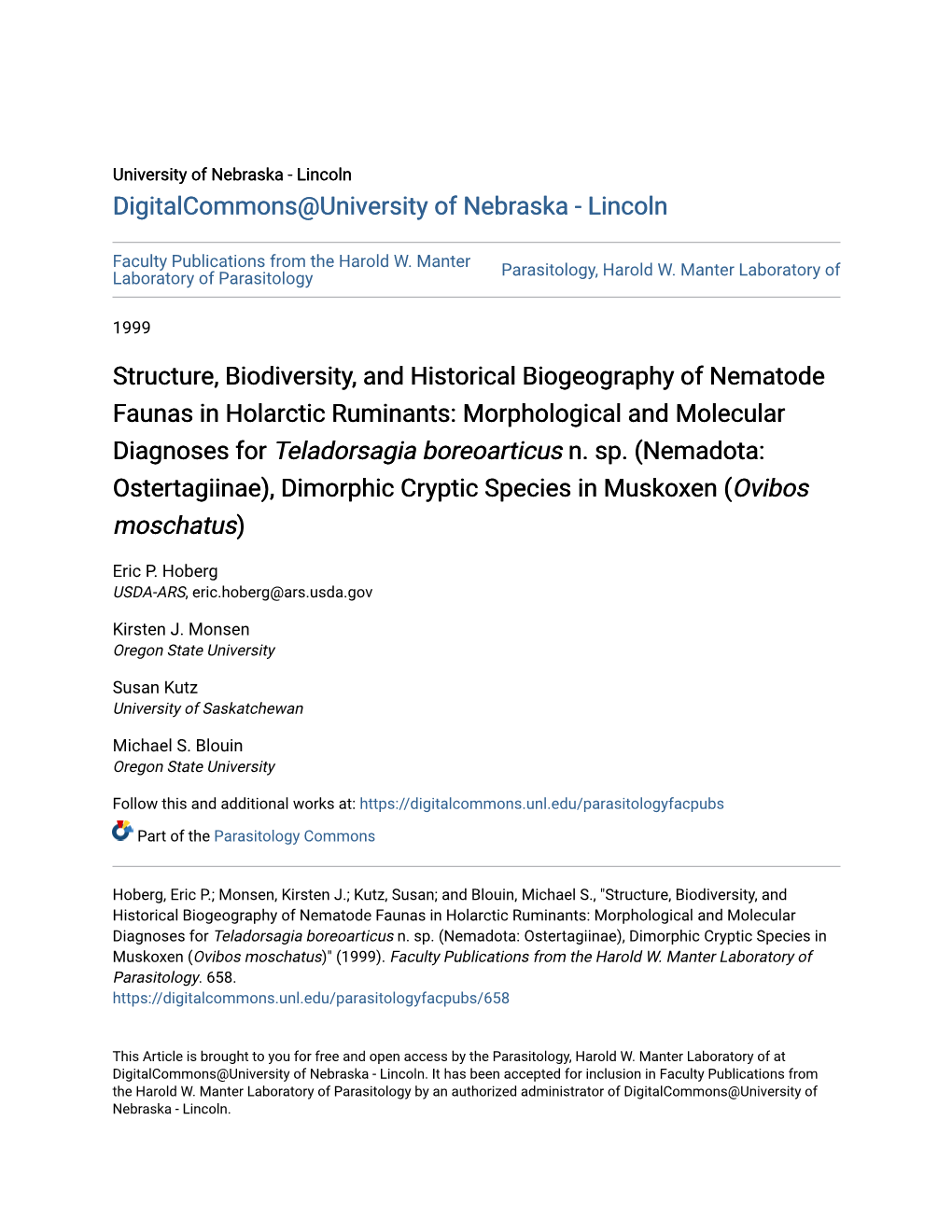 Structure, Biodiversity, and Historical Biogeography of Nematode Faunas in Holarctic Ruminants: Morphological and Molecular Diagnoses for Teladorsagia Boreoarticus N