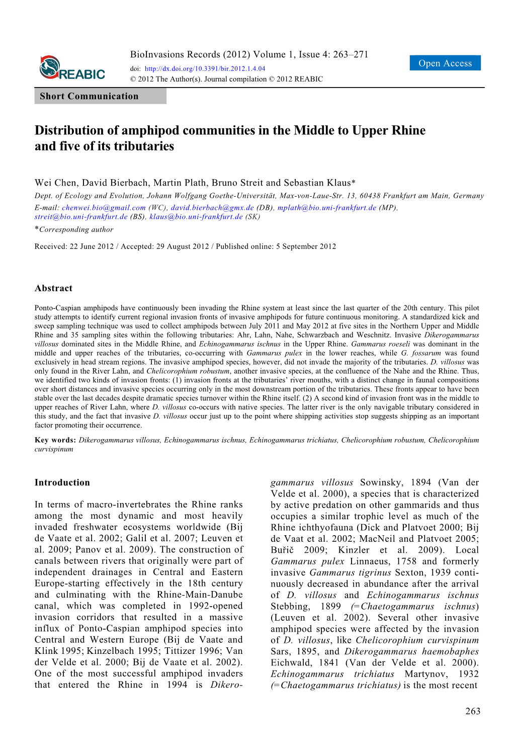 Distribution of Amphipod Communities in the Middle to Upper Rhine and Five of Its Tributaries