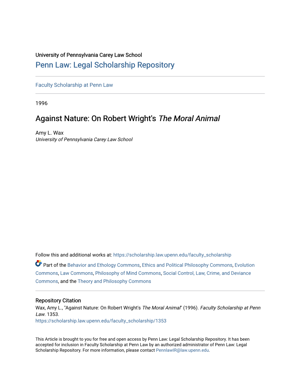 Against Nature: on Robert Wright's the Moral Animal