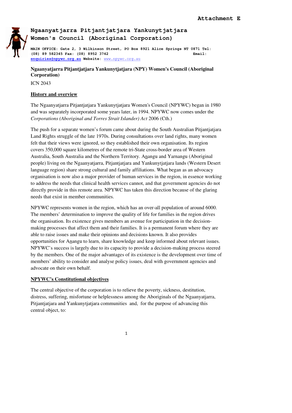 Attachment E Ngaanyatjarra Pitjantjatjara Yankunytjatjara Women's Council (Aboriginal Corporation)