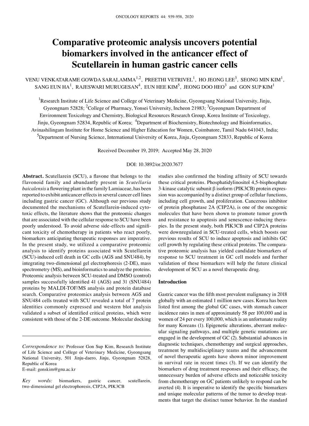 Comparative Proteomic Analysis Uncovers Potential Biomarkers Involved in the Anticancer Effect of Scutellarein in Human Gastric Cancer Cells