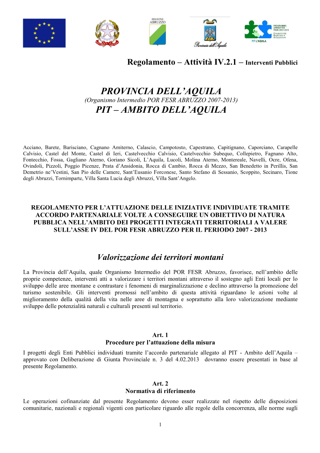 PIT L'aquila Regolamento Per Enti Pubblici