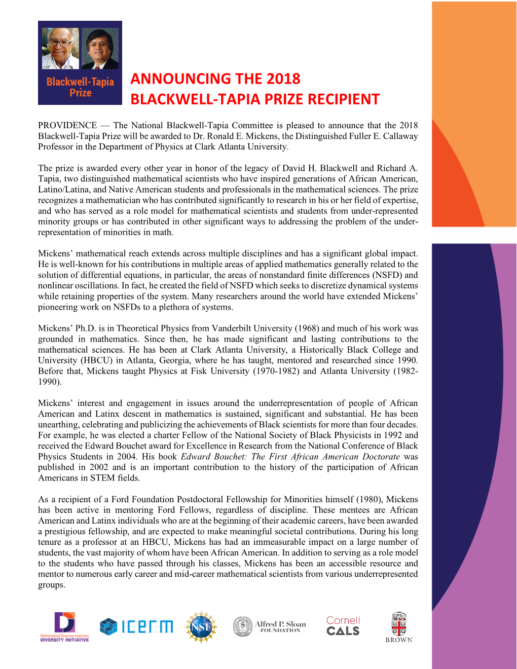 2018 Recipient of the Blackwell-Tapia Prize