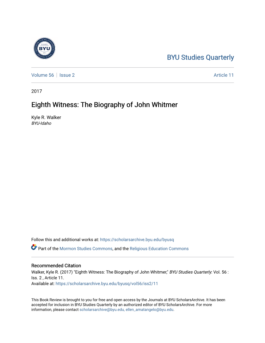 Eighth Witness: the Biography of John Whitmer