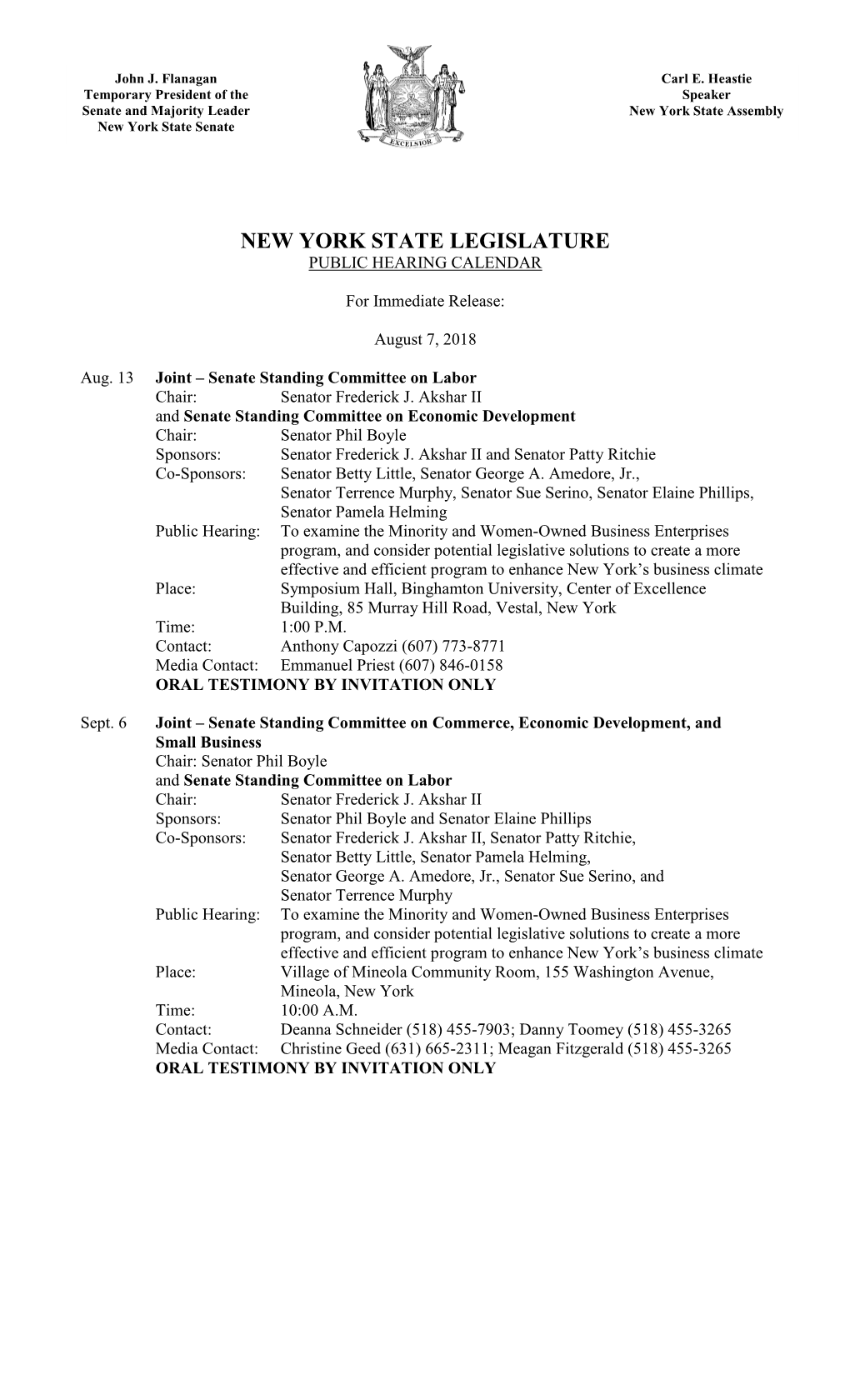 New York State Legislature Public Hearing Calendar