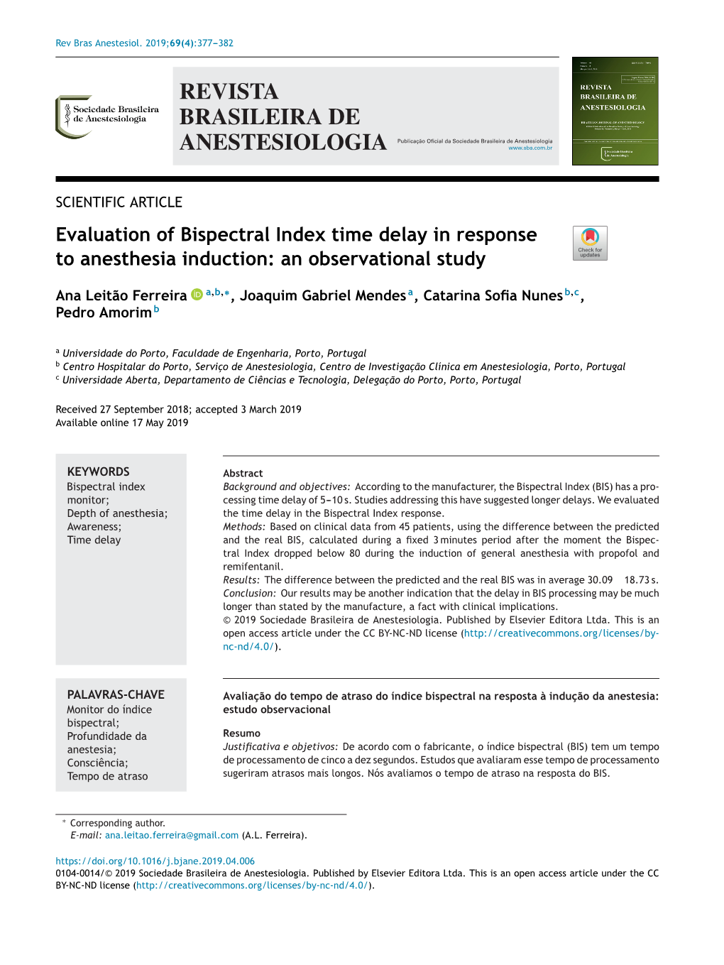 Evaluation of Bispectral Index Time Delay in Response to Anesthesia