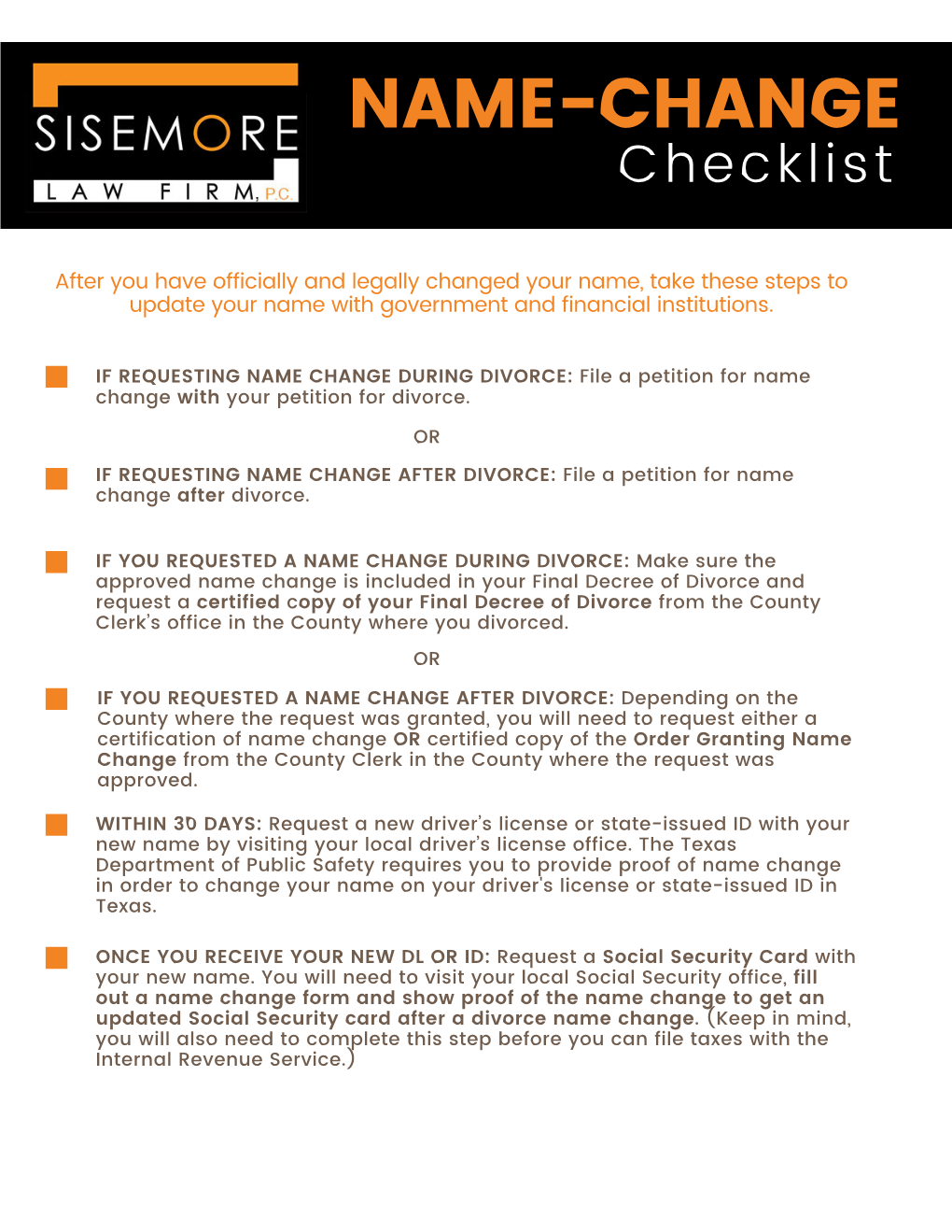 SISEMORE Name-Change Checklist