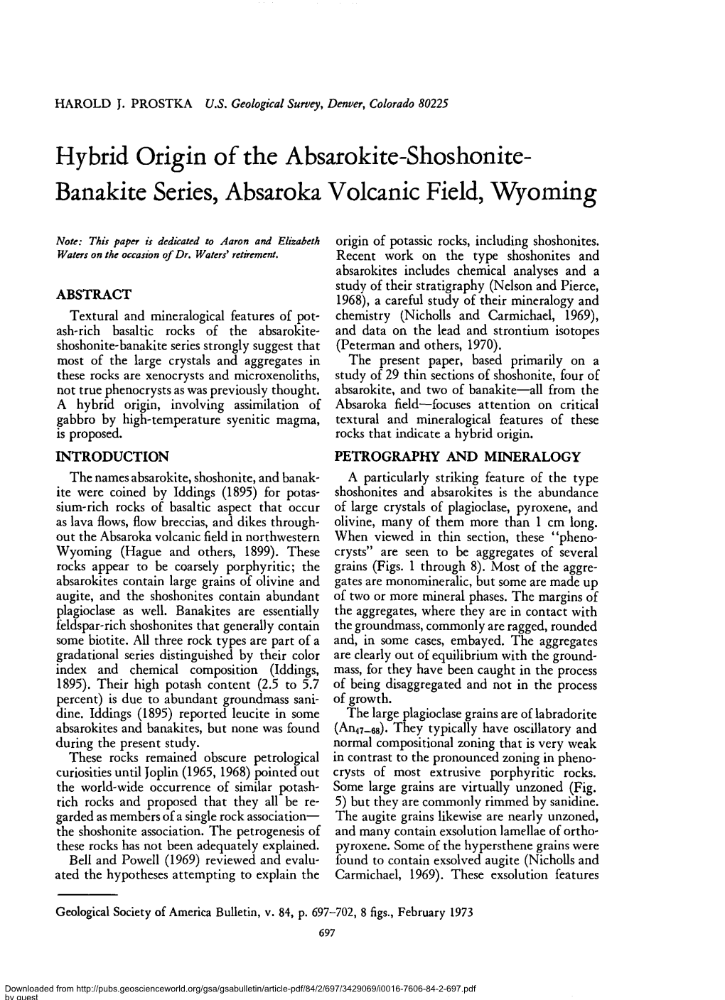 Hybrid Origin of the Absarokite-Shoshonite- Banakite Series, Absaroka Volcanic Field, Wyoming