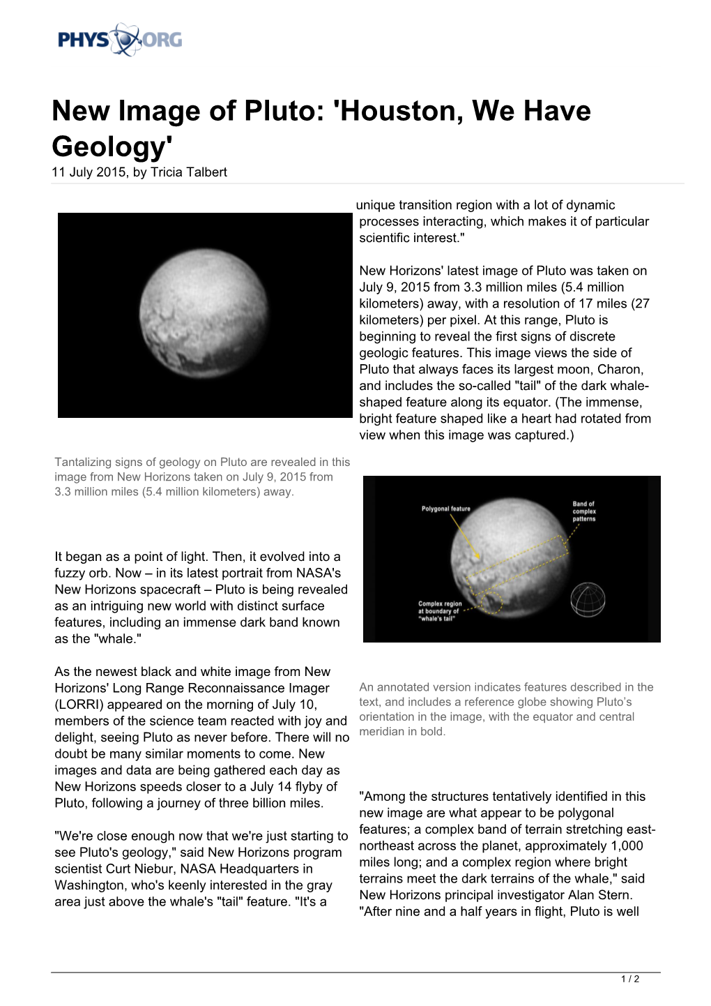 New Image of Pluto: 'Houston, We Have Geology' 11 July 2015, by Tricia Talbert