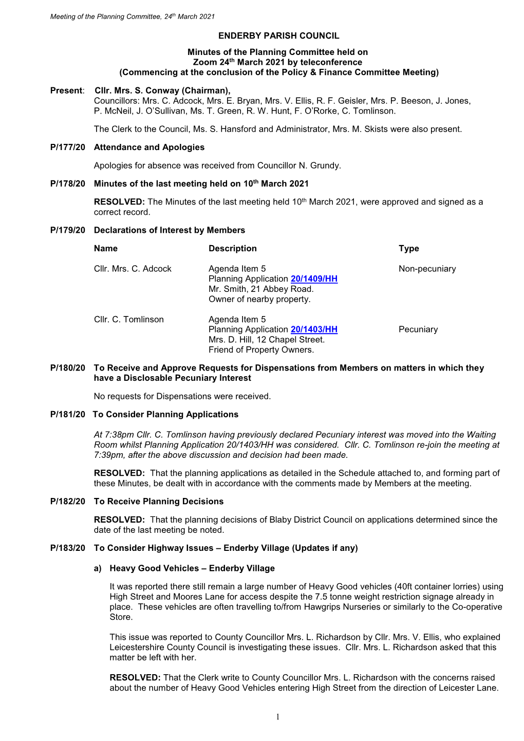 Planning Committee Minutes, 2021-03-24