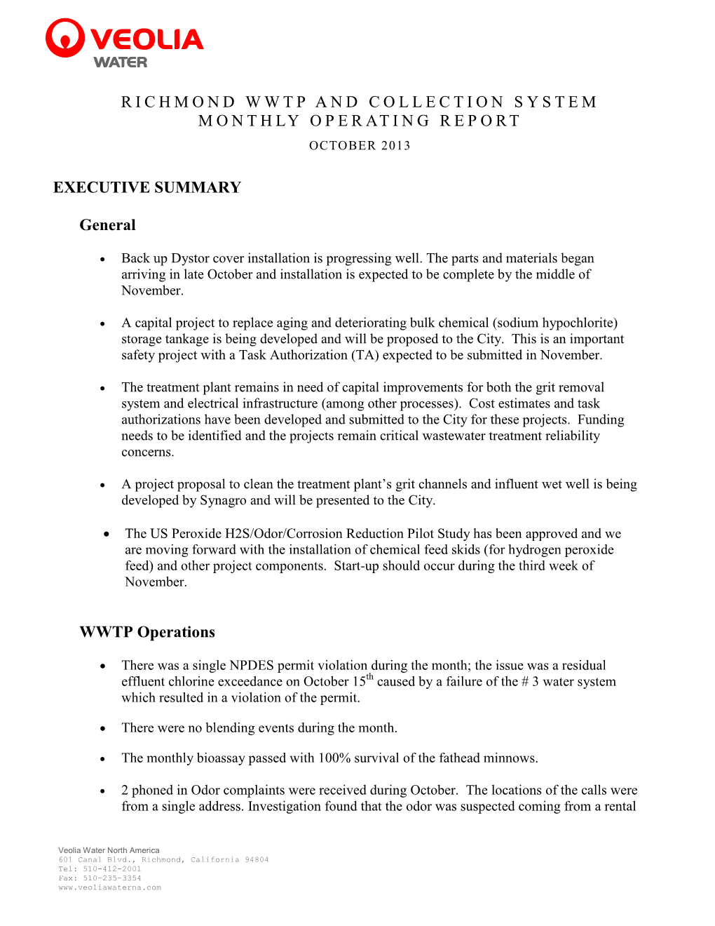 Richmond Wwtp and Collection System Weekly Report