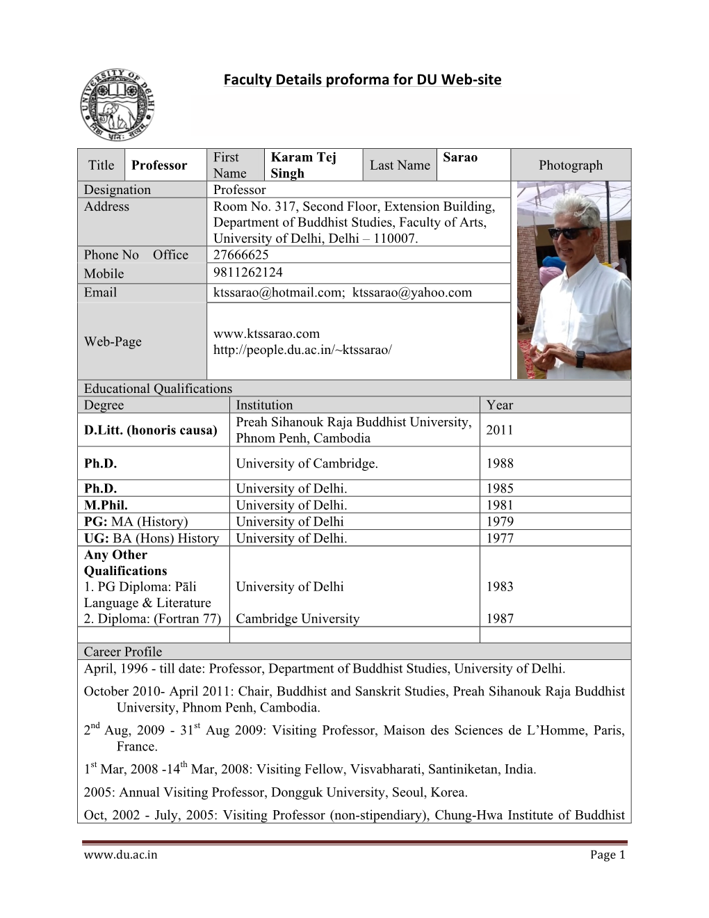 Faculty Details Proforma for DU Web-Site