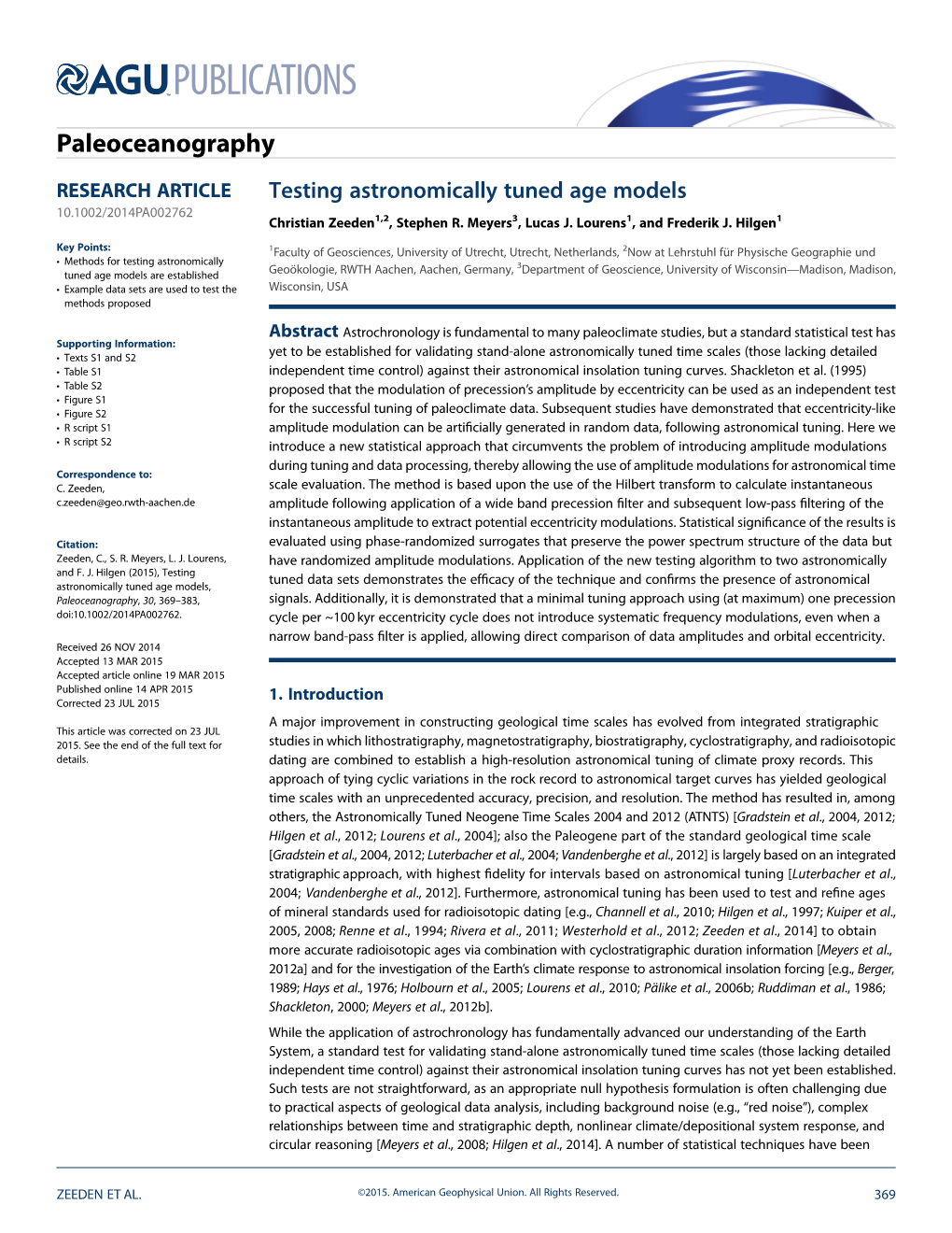 Testing Astronomically Tuned Age Models 10.1002/2014PA002762 Christian Zeeden1,2, Stephen R