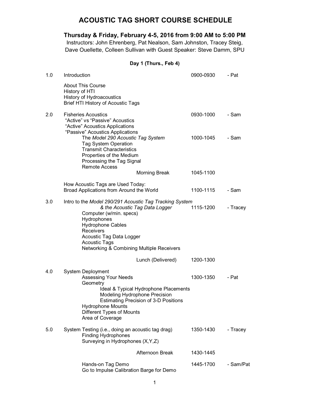 Acoustic Tag Short Course Schedule