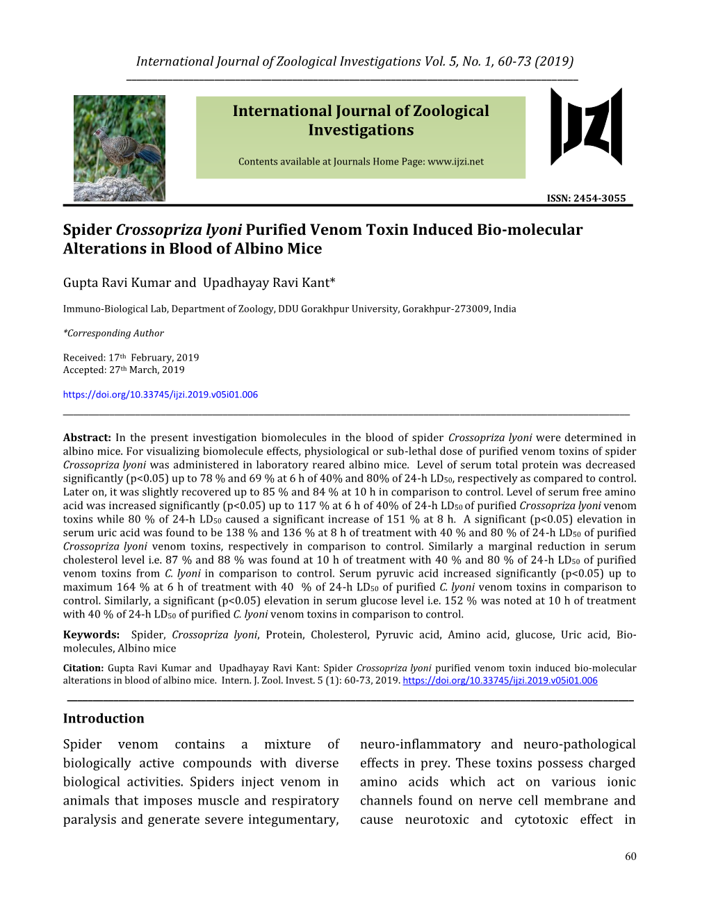 Spider Crossopriza Lyoni Purified Venom Toxin Induced Bio-Molecular Alterations in Blood of Albino Mice