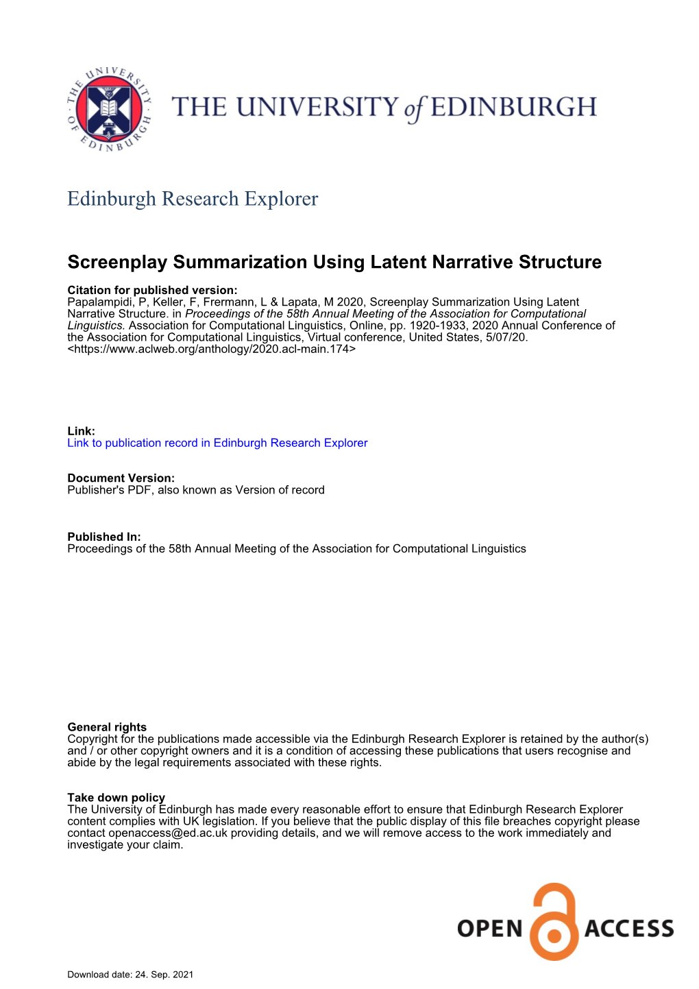 Screenplay Summarization Using Latent Narrative Structure