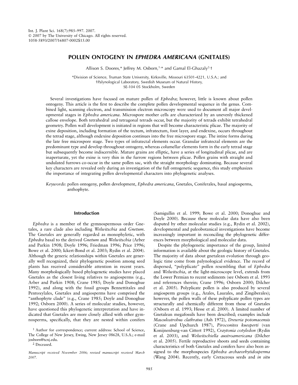 Pollen Ontogeny in Ephedra Americana (Gnetales)