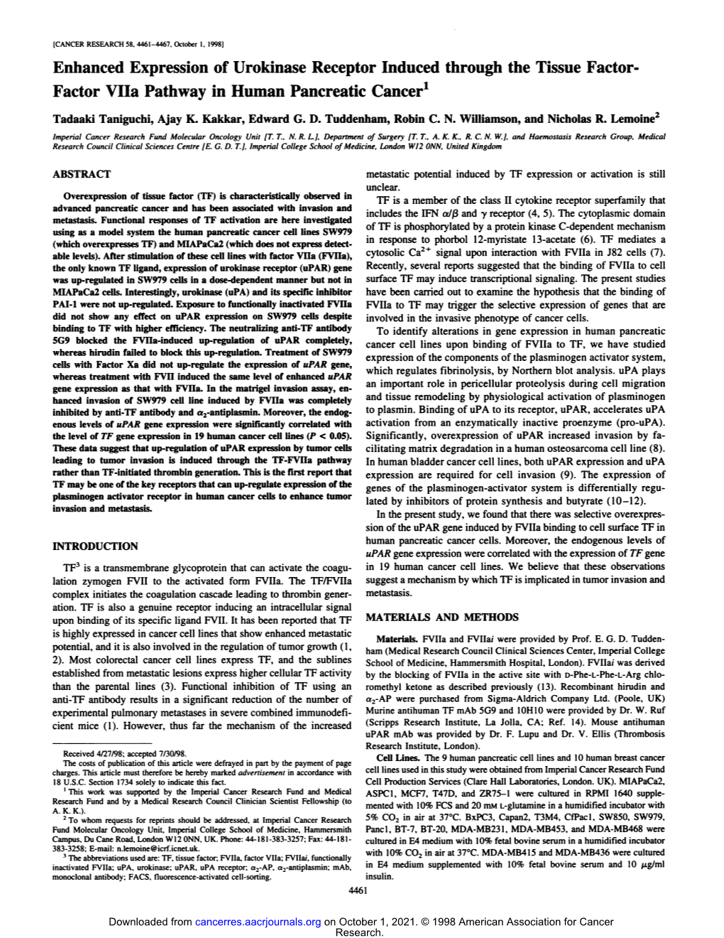 Enhanced Expression of Urokinase Receptor Induced Through the Tissue Factor- Factor Vila Pathway in Human Pancreatic Cancer1