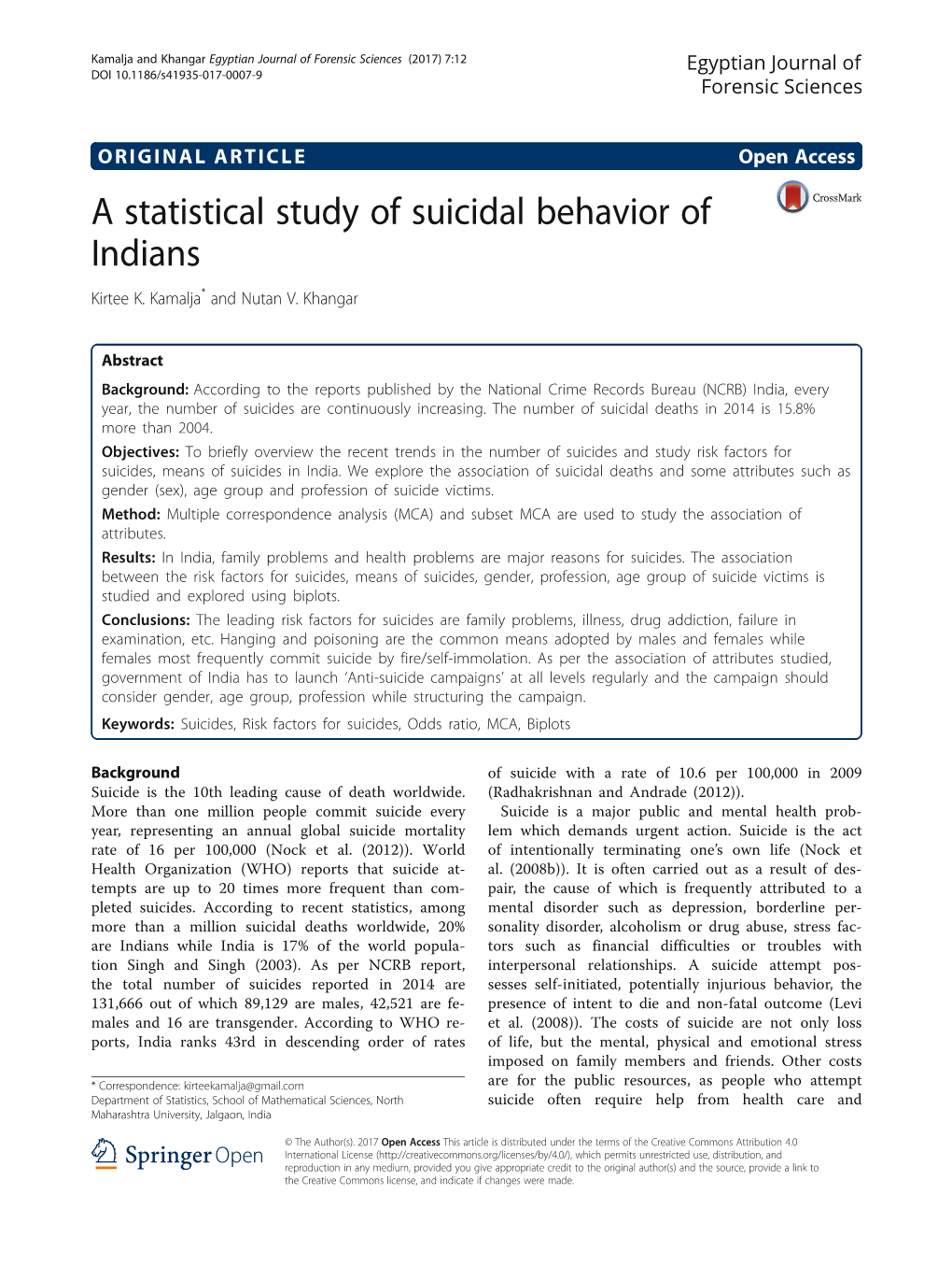 A Statistical Study of Suicidal Behavior of Indians Kirtee K