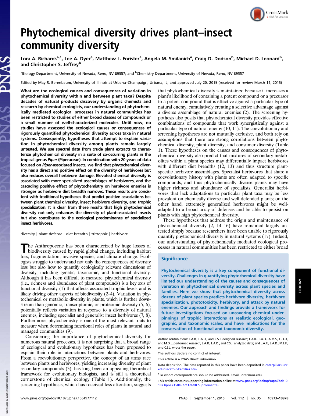 Phytochemical Diversity Drives Plant–Insect Community Diversity