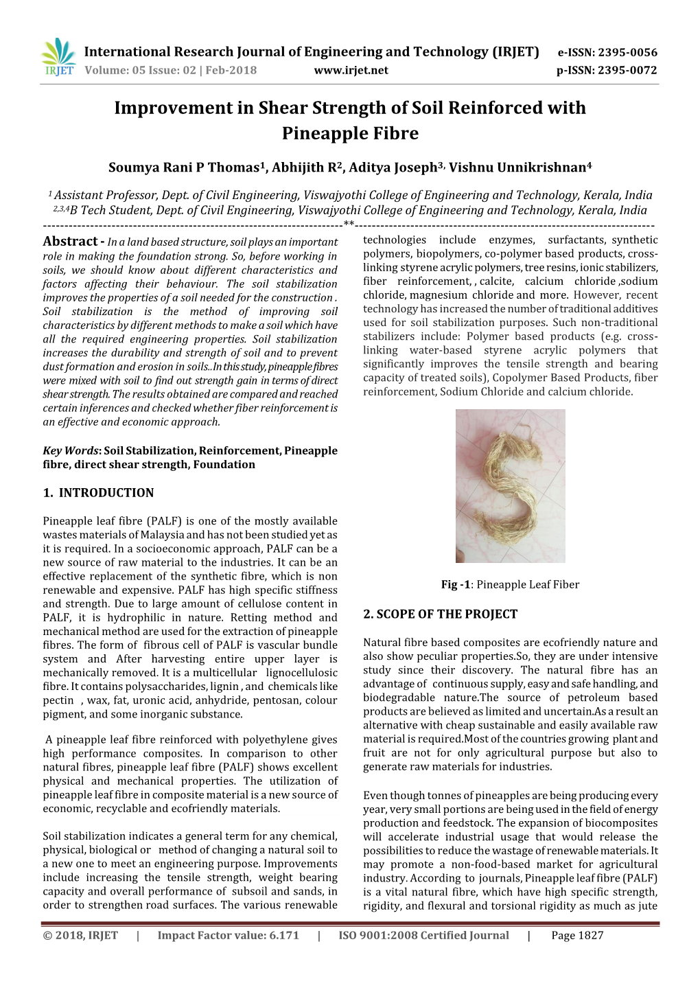 Improvement in Shear Strength of Soil Reinforced with Pineapple Fibre