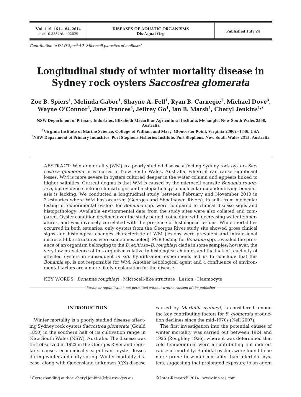 Longitudinal Study of Winter Mortality Disease in Sydney Rock Oysters Saccostrea Glomerata