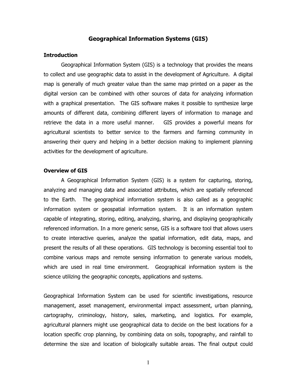 1 Geographical Information Systems (GIS)