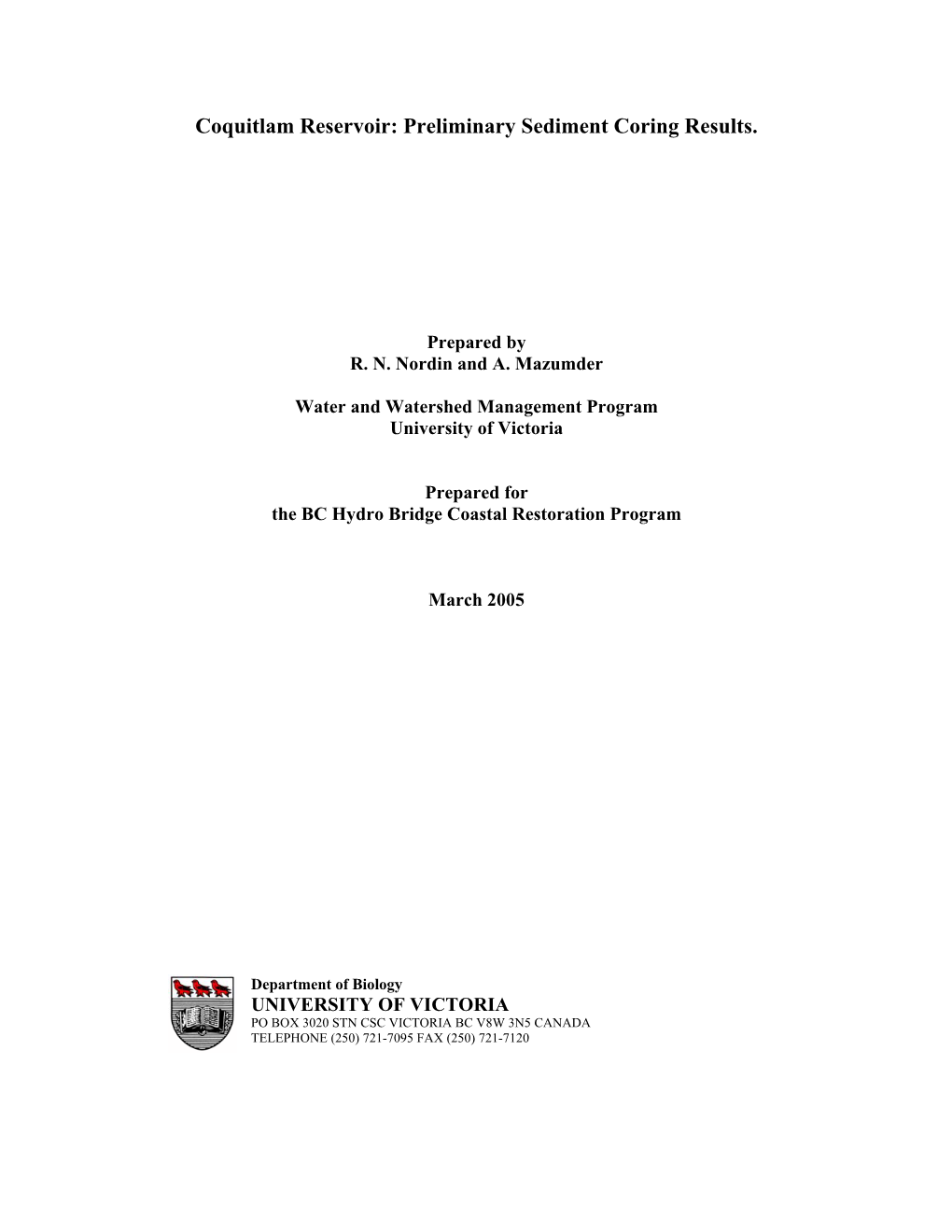 Coquitlam and Seymour Reservoirs: Preliminary Sediment Coring Results