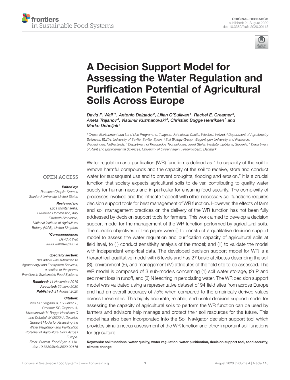 A Decision Support Model for Assessing the Water Regulation and Puriﬁcation Potential of Agricultural Soils Across Europe